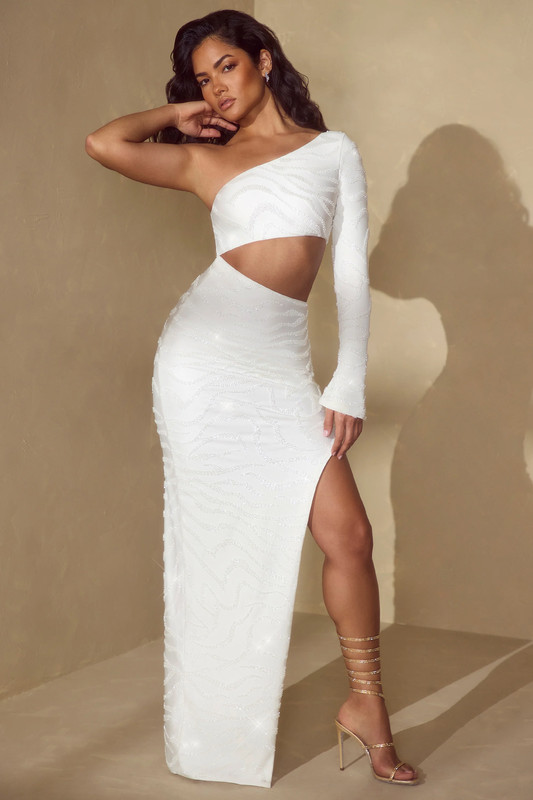 Single Sleeve Cut Out Maxi Dress in Off White - UK Size:16